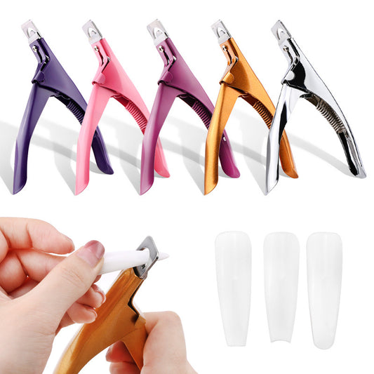 A set of false nail clippers in various colors including pink, purple, orange, silver, and gold, with a demonstration of the silver clippers in use.