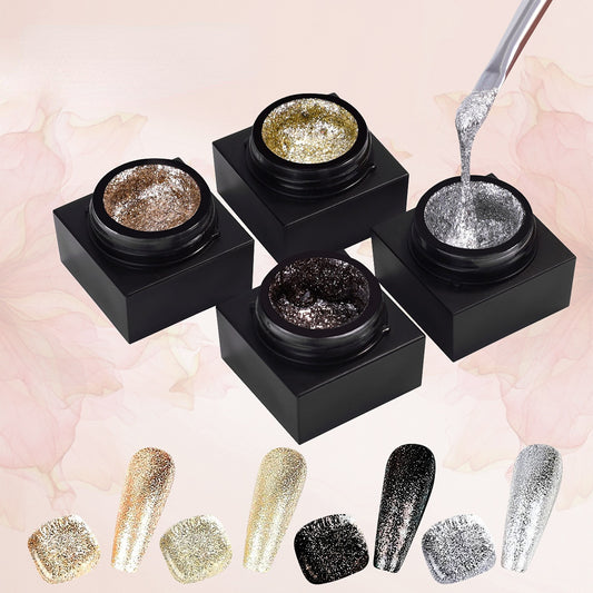 Four jars of glitter gel nail polish in different colors with a fifth jar showing a sample color swatch. The polishes are presented on a black platform with a flower in the background.