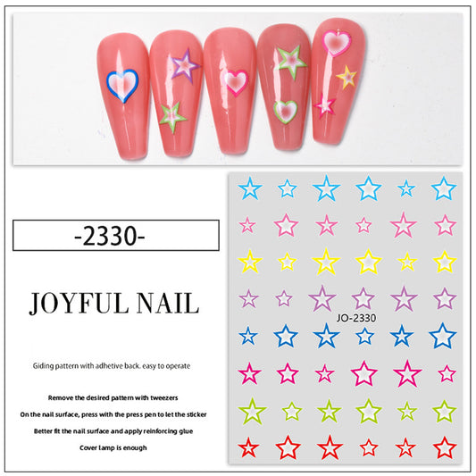 A set of colorful nail art stickers with various designs including hearts and stars, intended for use in nail care.