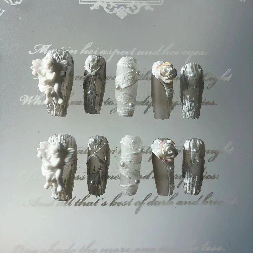 #17 10 Pcs Medium Length Coffin Shape Dark Green Press on Nail Angle Fake Nail