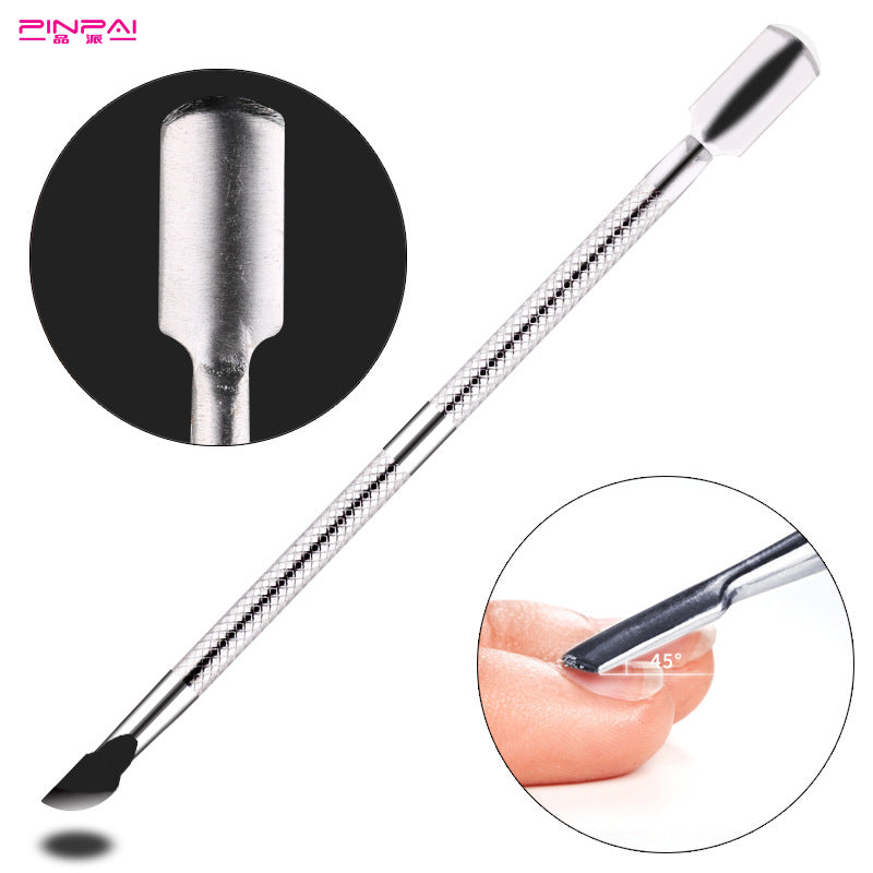 Stainless dual ended cuticle pusher with flat pusher end and pointed cleaning tip
