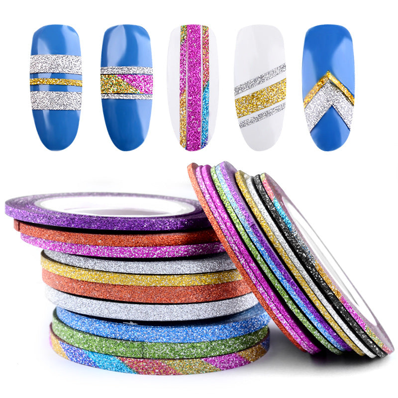 A collection of 10 different colored striping tapes for nail art, displayed in a stack and spread out to show the colors and patterns.