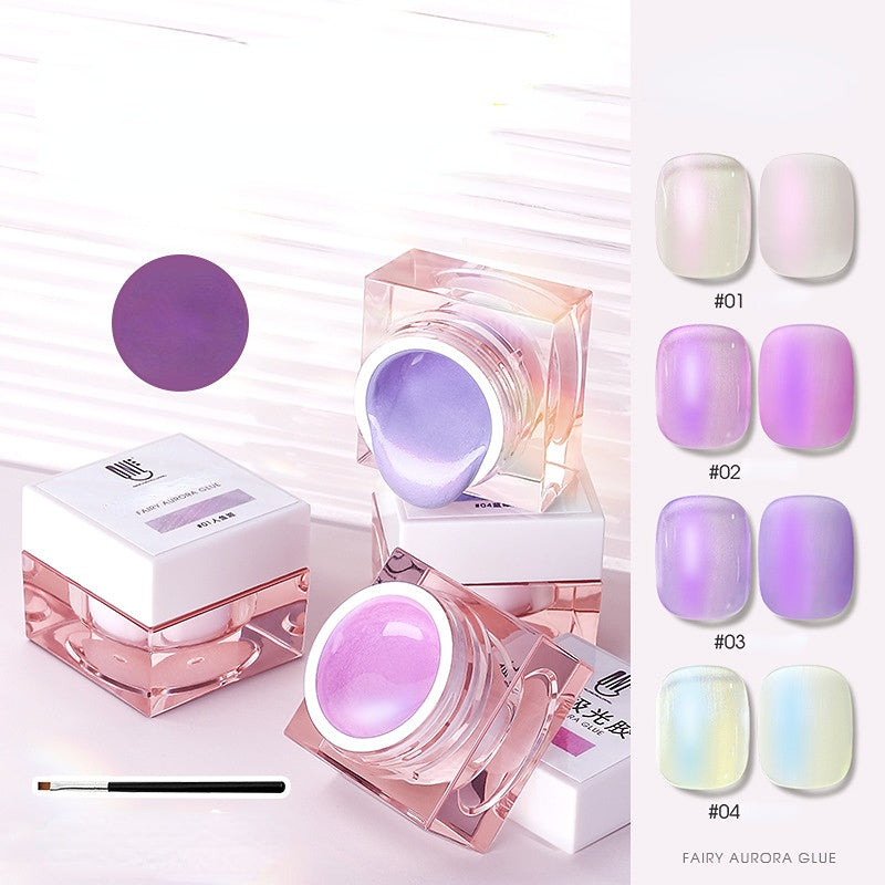 A set of nail gel polishes in a pearl mermaid color scheme, with four different shades displayed alongside their respective color swatches.