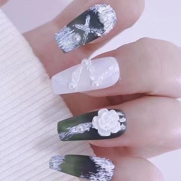 #17 10 Pcs Medium Length Coffin Shape Dark Green Press on Nail Angle Fake Nail