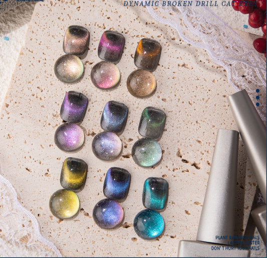 A collection of multicolored round nail gel polishes arranged on a surface, with varying colors and a magnetic effect that changes the color under different lighting conditions.