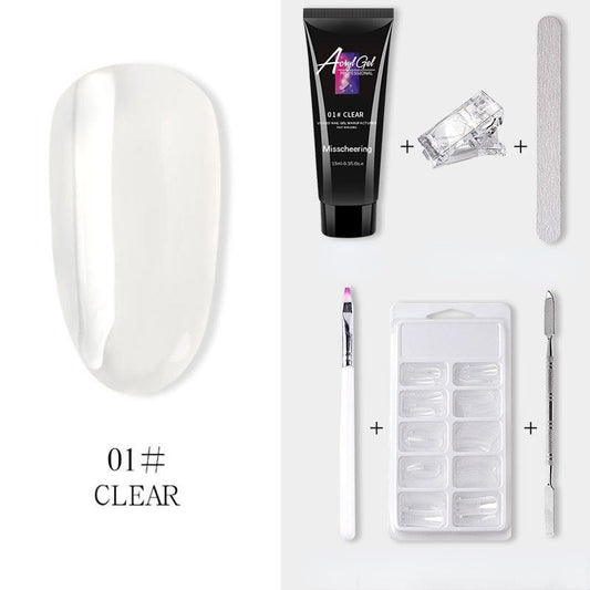 Manicure acrylic gel set displayed with tools and a sample clear nail polish finish.