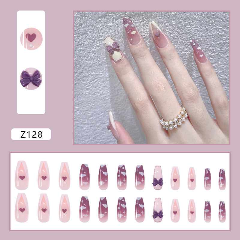#66 Extra Length Ballerina Shape Pink Cute Clouds Press on Nail
