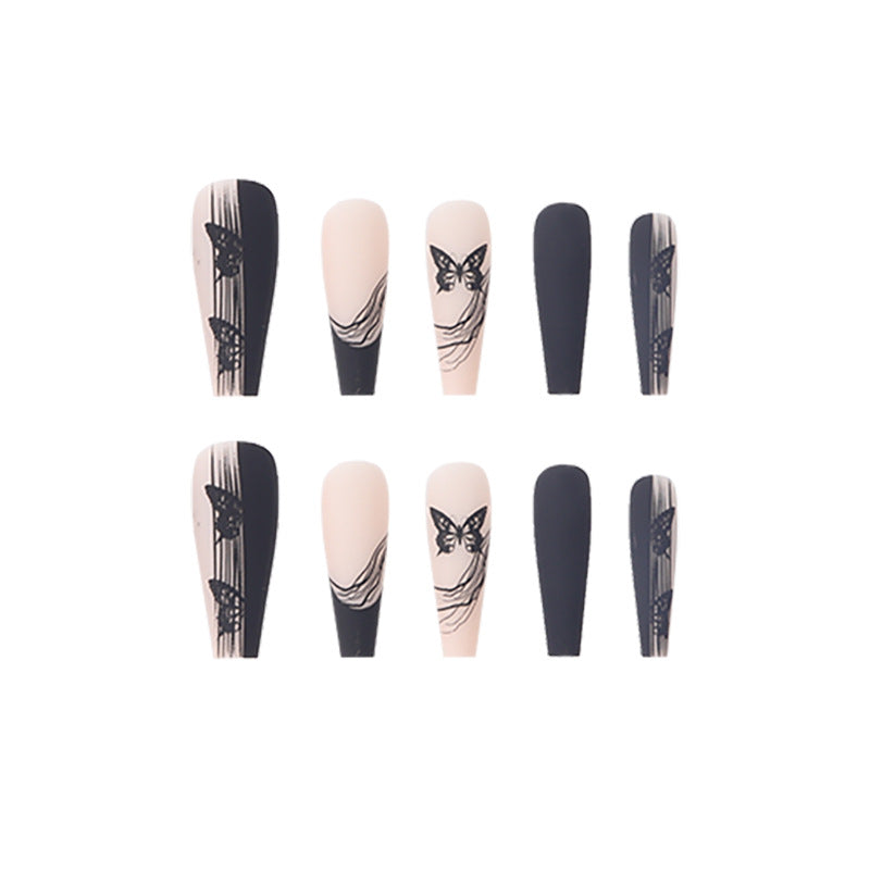 #16 Extra Length Coffin Shape Black Butterfly Cool Fake Nail