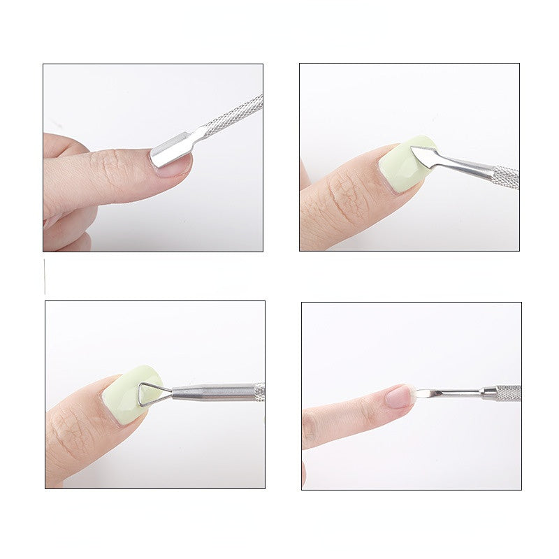 Using stainless steel pusher to gently push back cuticles on natural nail