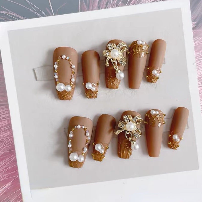 #12 10pcs Medium Length Coffin Shape Brown Pearl Shiny Custom Artificial Nail