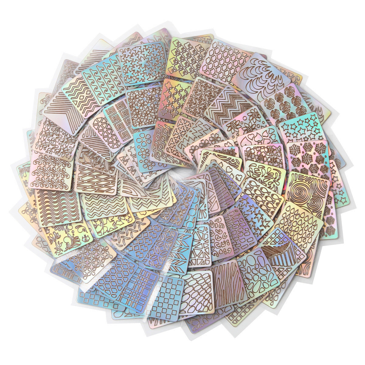 A set of multicolored nail art stencil stickers with various patterns including floral, geometric, and animal motifs.