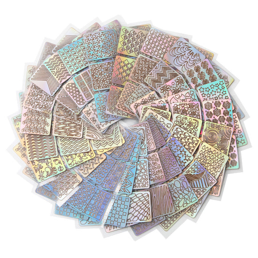 A set of multicolored nail art stencil stickers with various patterns including floral, geometric, and animal motifs.