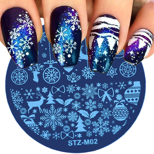 A round nail stamping plate with various Christmas-themed designs, including snowflakes, a reindeer, and Christmas trees.
