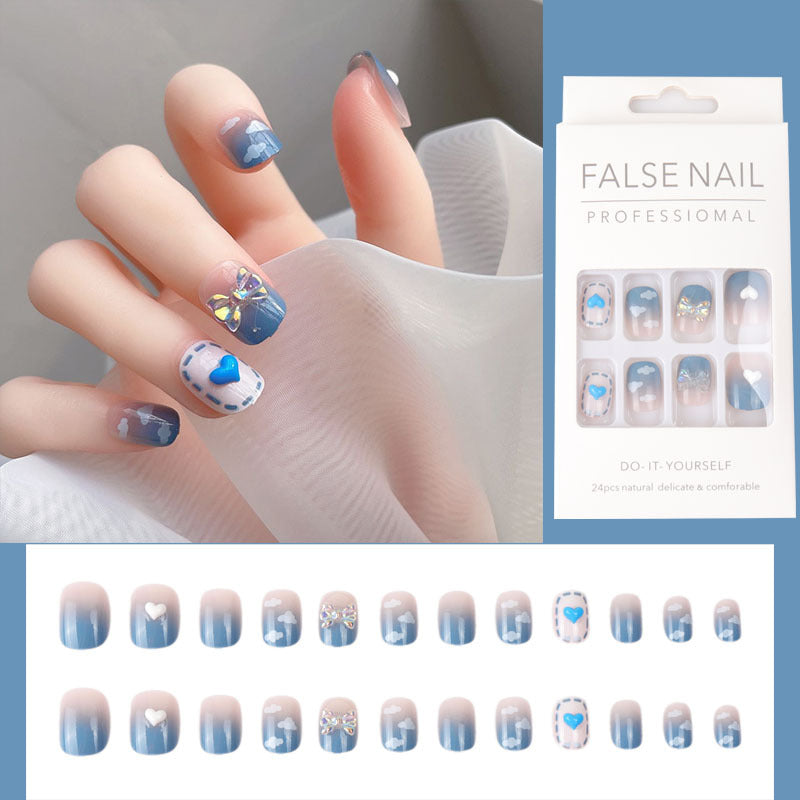 Medium Long Press On Nails French Manicure Flower Fake False Nails