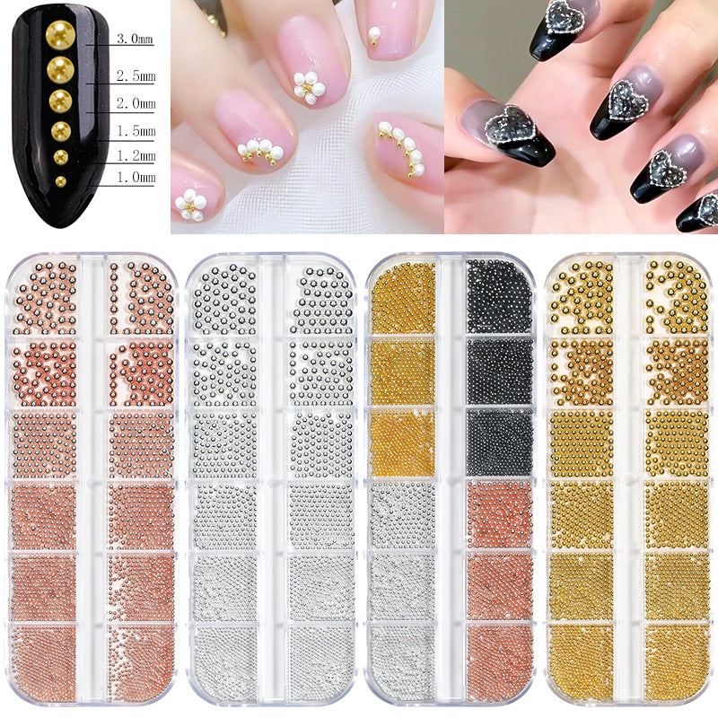 Various sizes of 3D steel beads for nail art, displayed in grids, with examples of nail art showing the beads used as embellishments.