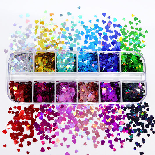 12 grid laser heart sequin glitter set with heart-shaped sequins in assorted colors