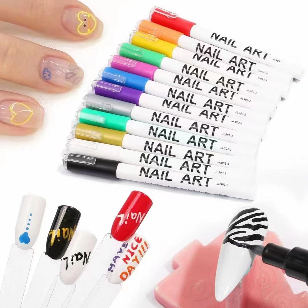 A set of nail art pens in various colors displayed alongside examples of nail art creations using these pens.