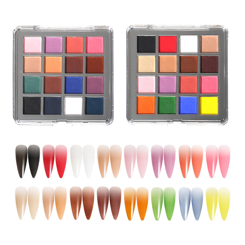 A collection of 16 nail powder colors displayed in two rows with some colors appearing more than once. The top row shows a variety of solid colors, and the bottom row shows a gradient pigment nail powder with shades transitioning from one color to another.