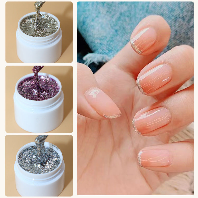 Collage of three images showing a nail gel liner bottle with glitter, a close-up of a nail with the gel applied, and a hand with fingernails painted with a glittery rose red gel.