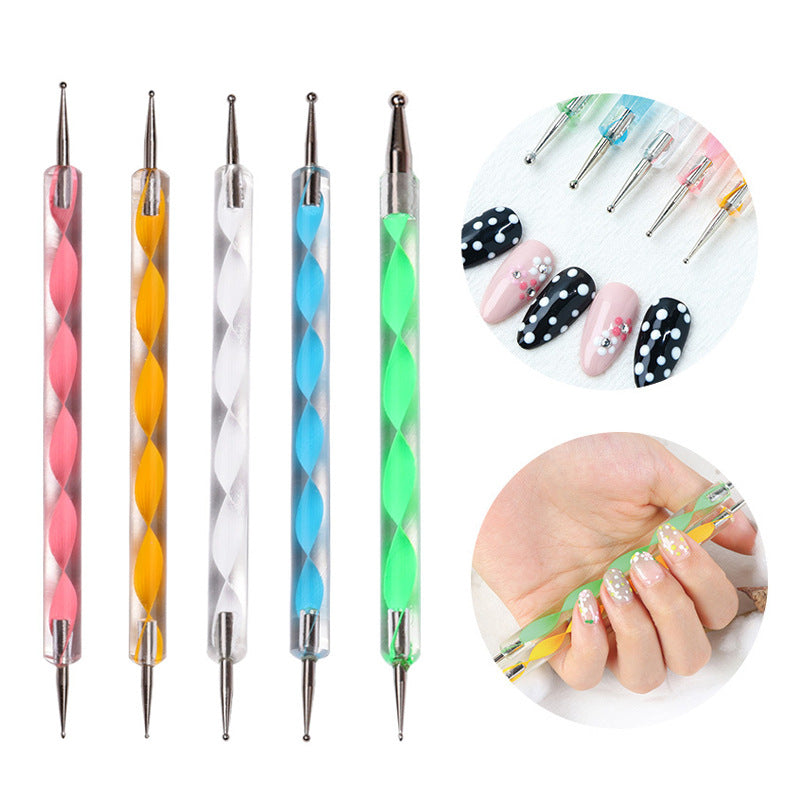 A set of 5 professional nail art dotting pens in various colors, with a twist-top design, displayed next to a pair of hands demonstrating the use of the pens on fingernails.