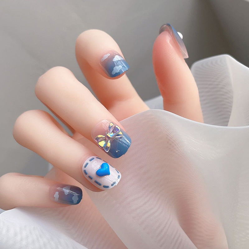 Medium Long Press On Nails French Manicure Flower Fake False Nails