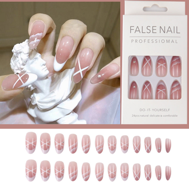 Medium Long Press On Nails French Manicure Flower Fake False Nails