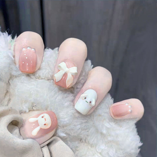 #143 Short Length Squvoal Shape Pink Rabbit Fake Nails Cute Nail Tips