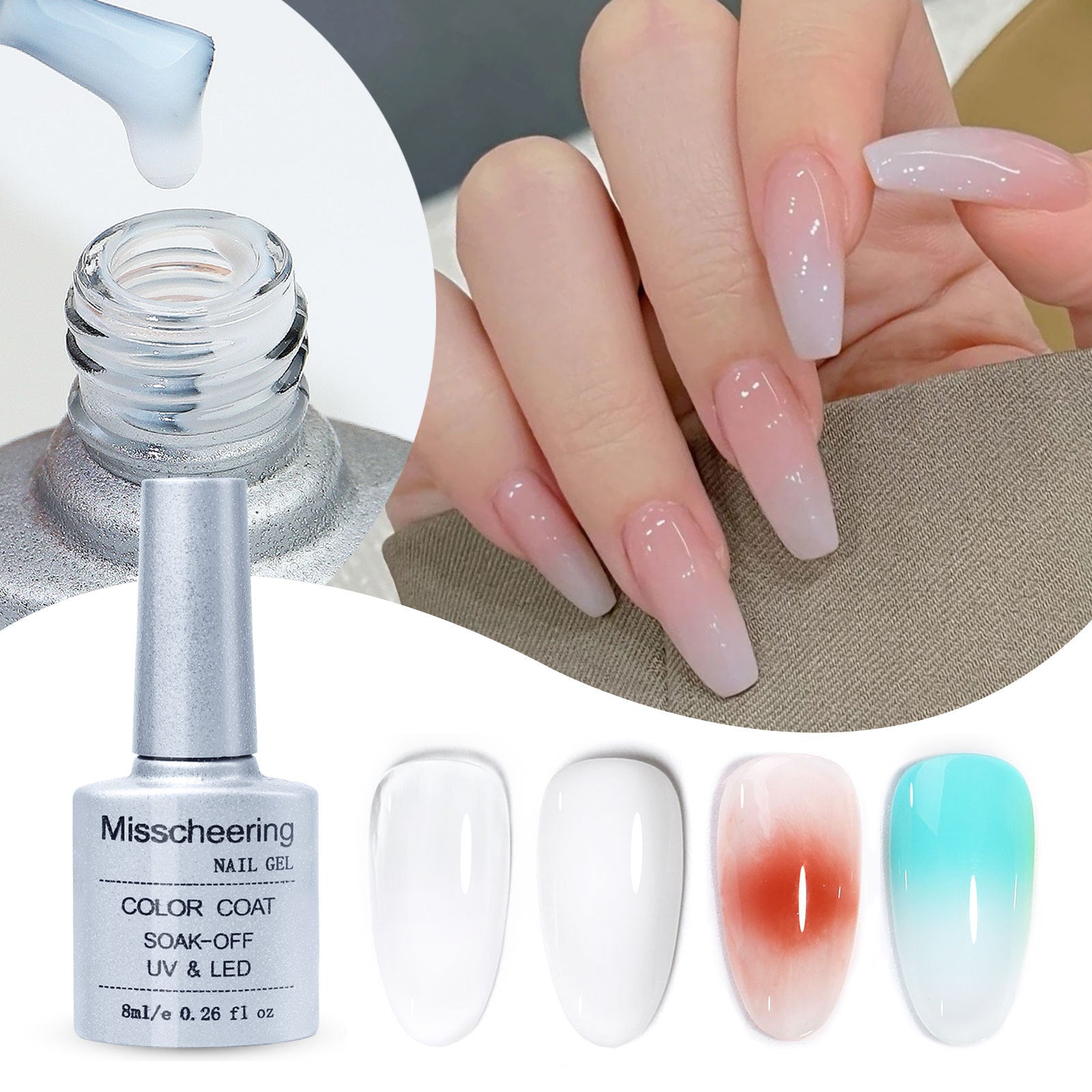 A collage of images showing a bottle of milky white nail gel polish, a pair of hands with fingernails painted with the polish, and swatches of the polish on a surface showing the glossy, shimmering effect it gives to nails.