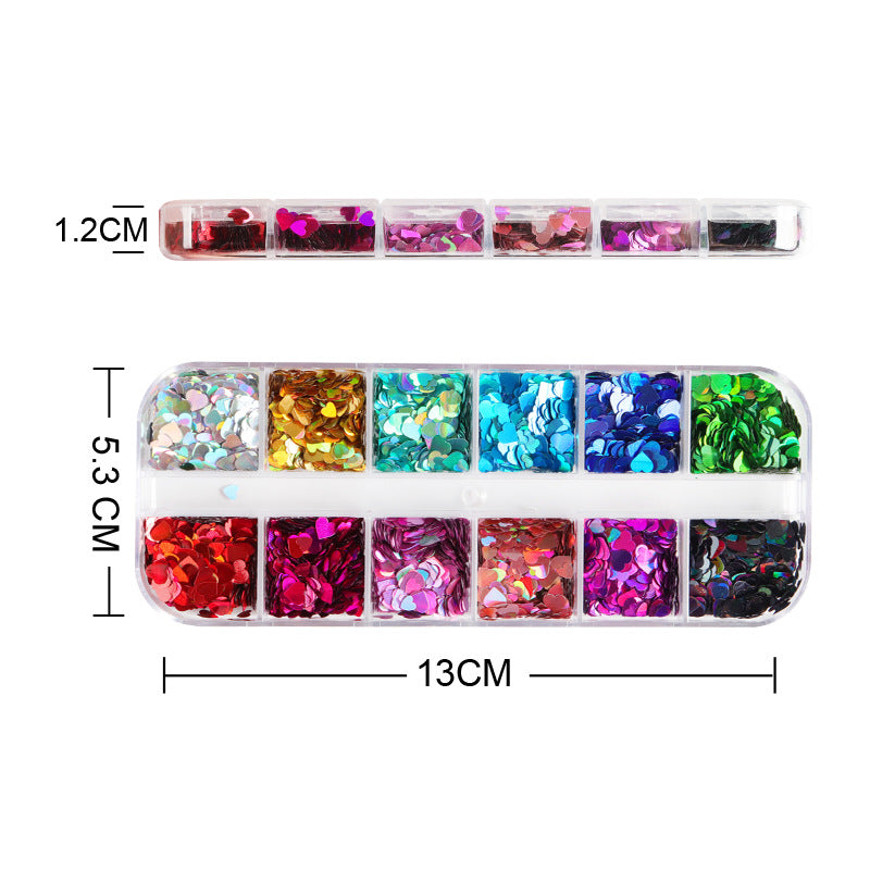 12 color assortment of heart sequins arranged in grid organizer
