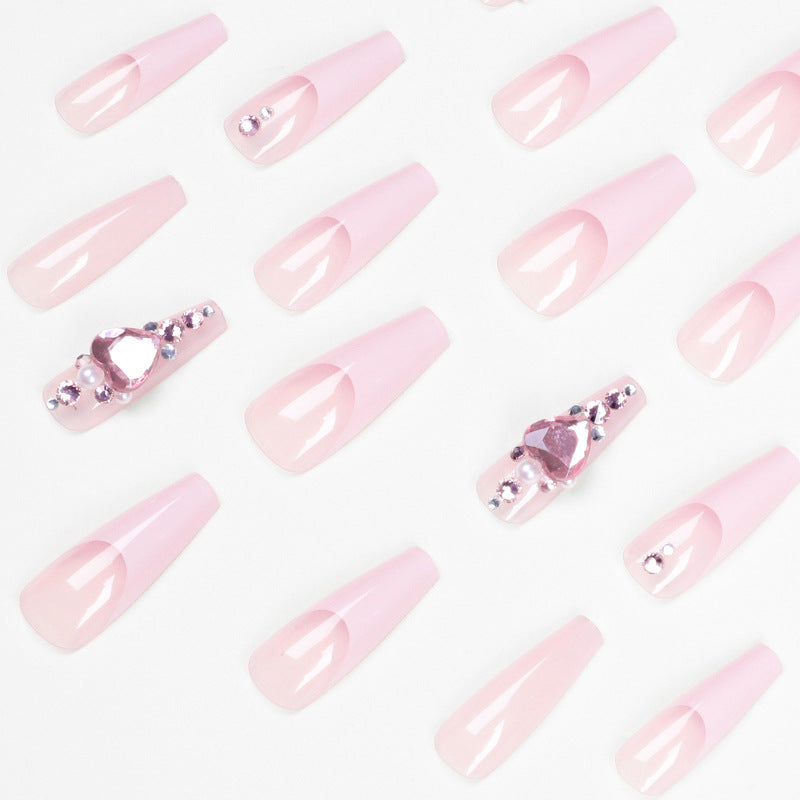 #35 Pink Shiny Heart Rhinestone Extra Length French Press on Nail