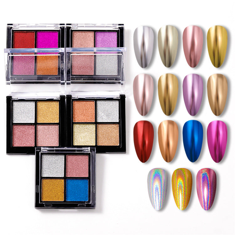 A set of four colorful solid mirror powder palette sets for nail art, along with some sample nail color swatches above each palette. The palettes contain pigments in shades of pink, red, blue, and gold, displayed next to a collection of nail art decorations.