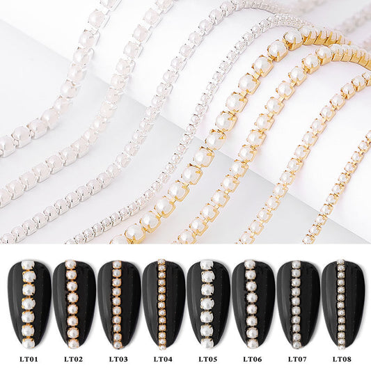 A series of metal nail chains with pearl embellishments, displayed in gold and silver colors, against a white background. The chains are shown both alone and on nails to demonstrate usage.