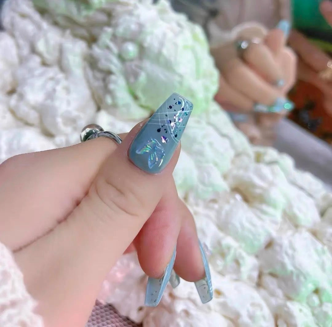 #33 10 Pcs Butterfly Shiny Extra Length Oval Shape Blue Custom Artificial Nail