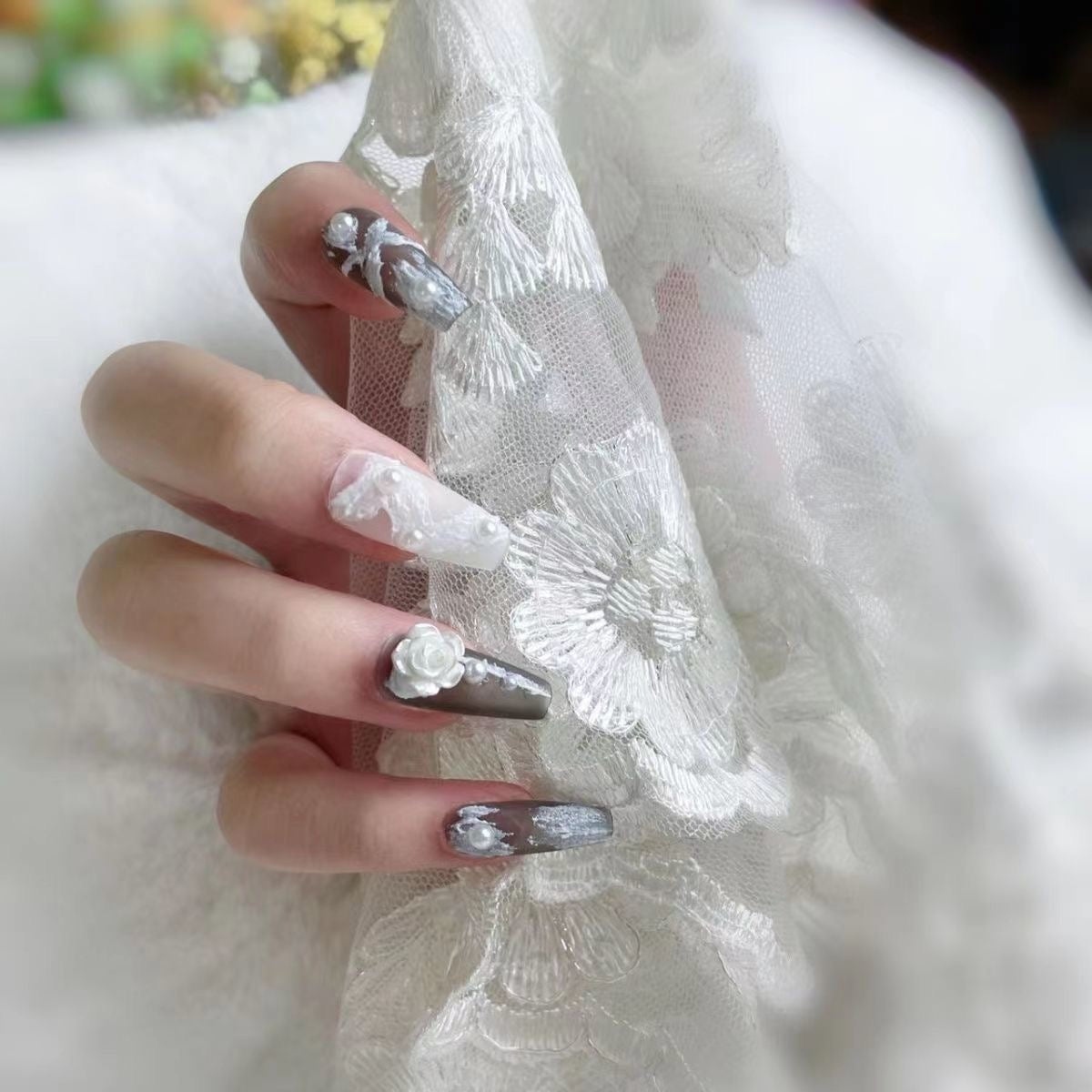 #17 10 Pcs Medium Length Coffin Shape Dark Green Press on Nail Angle Fake Nail