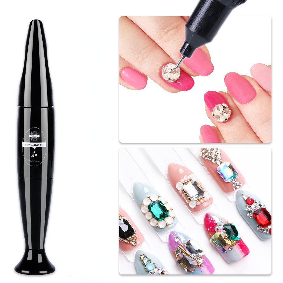 A black nail glue pen with a diamond-shaped head, shown with examples of nails enhanced with rhinestones using the glue.