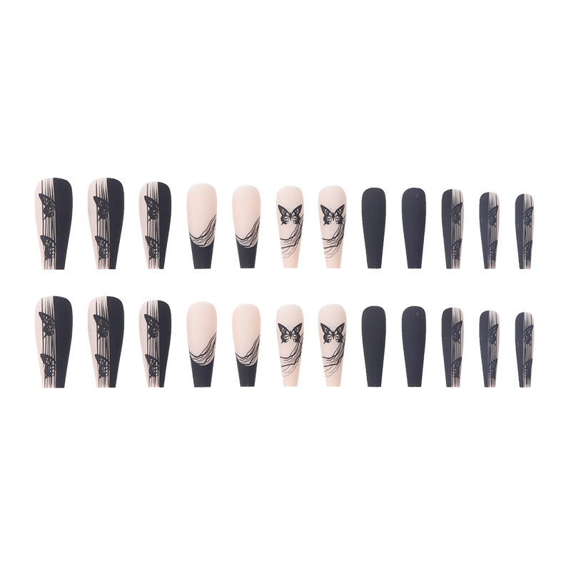#16 Extra Length Coffin Shape Black Butterfly Cool Fake Nail