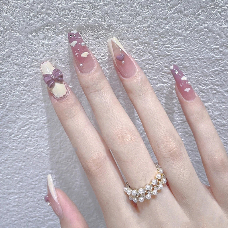 #66 Extra Length Ballerina Shape Pink Cute Clouds Press on Nail