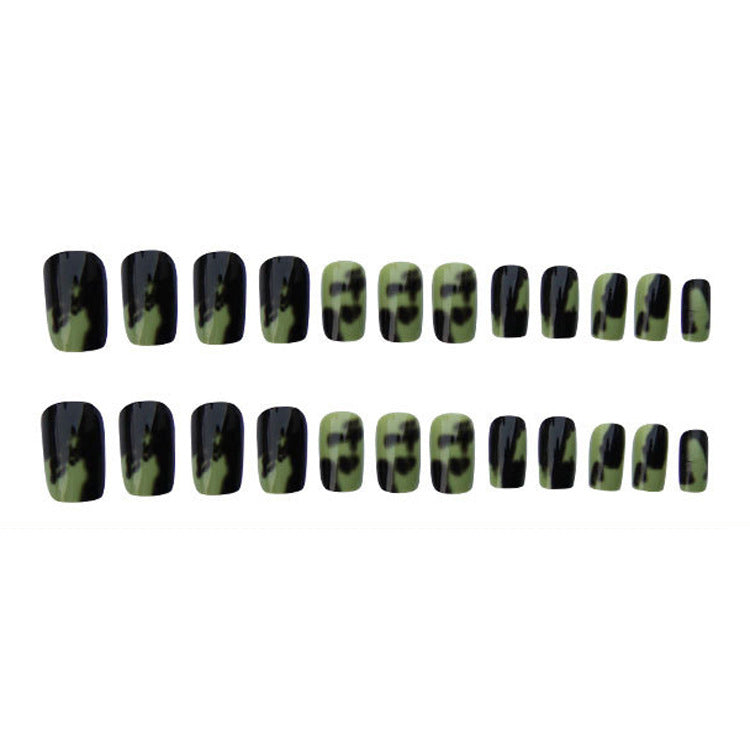 #8 Medium Length Square Shape Black Green Press on Nail