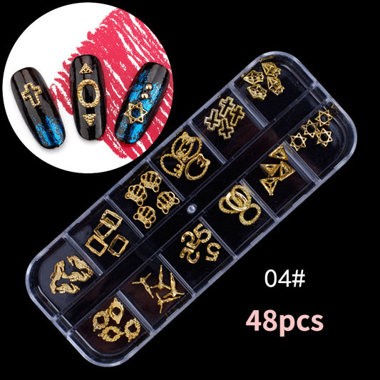 A set of gold metal nail art studs in various designs including moons, hearts, and geometric shapes displayed in a clear plastic case with '45Pcs' labeled.