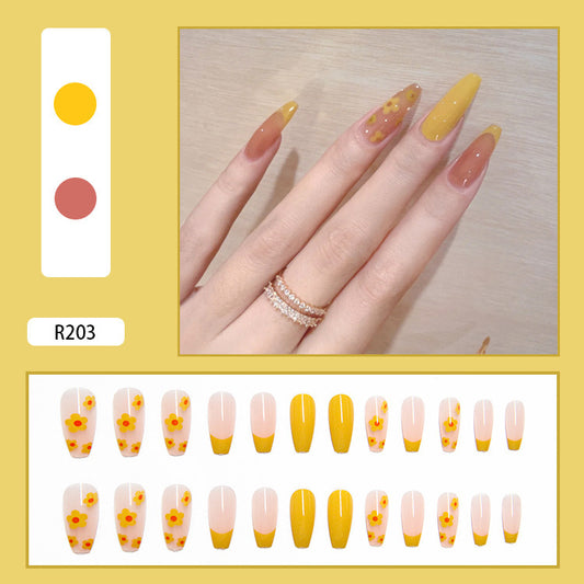 #74 Extra Length Ballerina Shape Yellow Flower Press on Nail