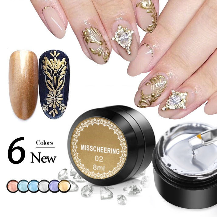 Metallic painting gel liner for nails, available in 6 colors, with a container of 8ml. The image shows the gel applied to nails, with a brush for application, and a close-up of the container and colors offered.