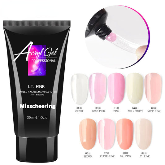 A set of 9 professional manicure gels in different colors, with a clear cap and a brush applicator. The colors include Pink, White, Milk, Clear, Yellow, and others, displayed alongside sample nails to show the glossy finish.