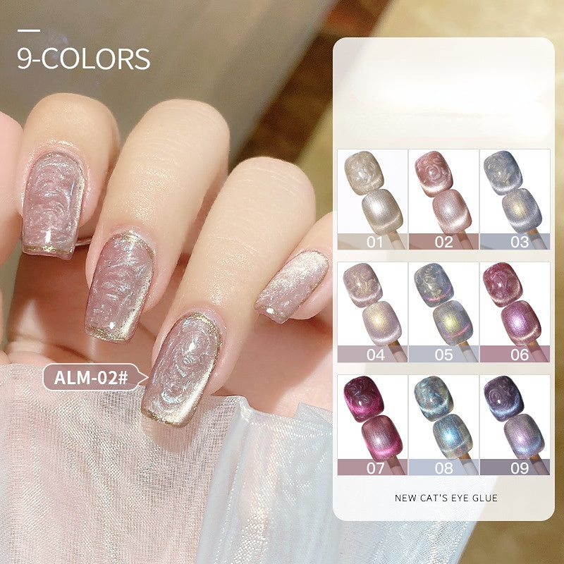 A collection of nail polish colors with a cat eye glitter effect, displayed in a gradient style with numbers indicating the color number.